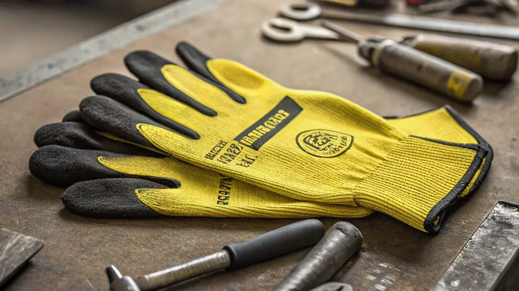 Yellow safety gloves on a workbench with tools, designed for industrial protection