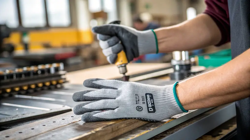 Worker wearing PU-coated gloves while handling tools, close-up shot of hands
