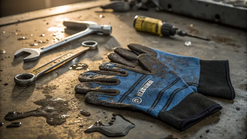 Dirty work gloves and tools on a metal surface, symbolizing industrial work and safet