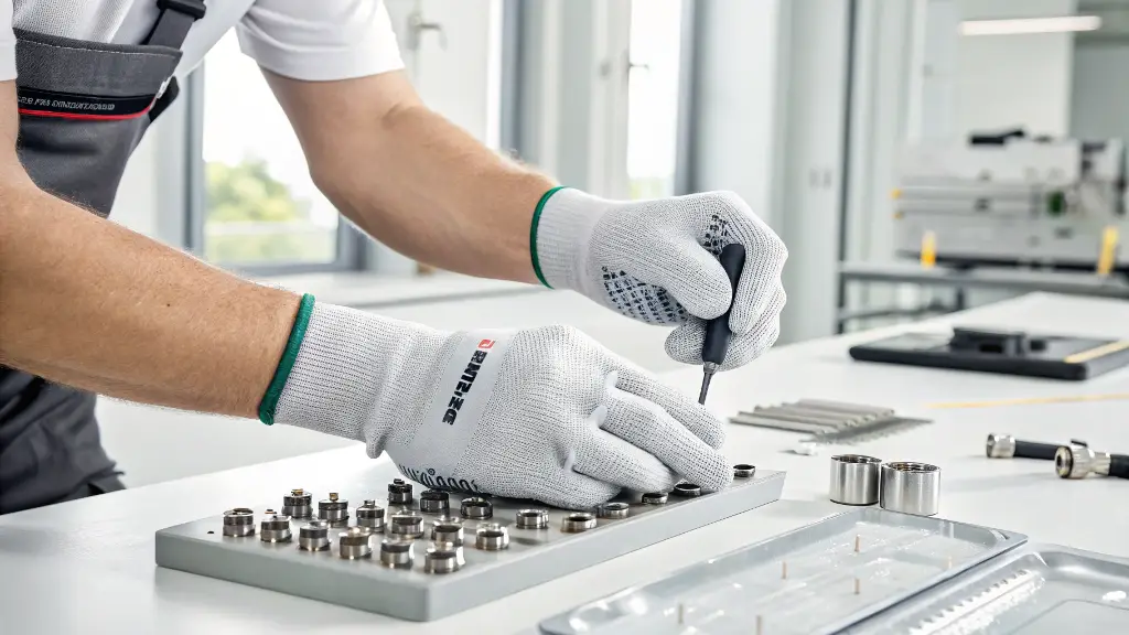 Professional worker assembling metal components, wearing protective gloves for precision work.