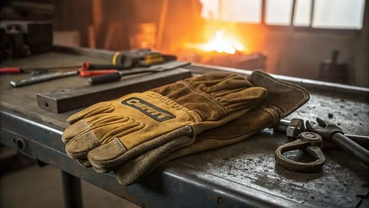 Close-up of durable leather work gloves on a metal workbench in a workshop, with tools and a glowing forge in the background, representing craftsmanship and safety.