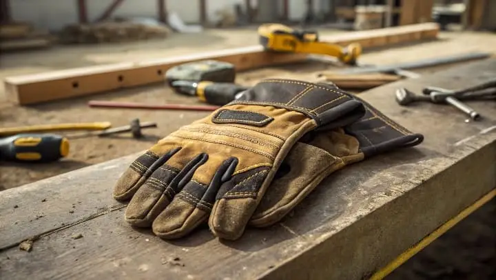 Close-up of Carhartt leather work gloves on a metal workbench, surrounded by tools and a glowing forge in the background, symbolizing durability and craftsmanship
