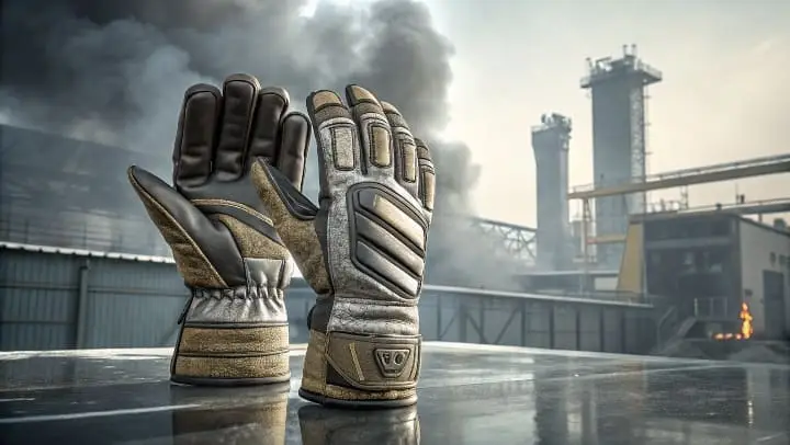 Pair of industrial protective gloves displayed on a metallic surface, with a factory and smoke stacks in the background, emphasizing advanced safety and durability.