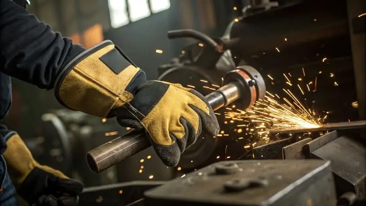 Worker wearing durable protective gloves grinding metal on industrial equipment, with sparks flying, highlighting safety and precision in metalworking.